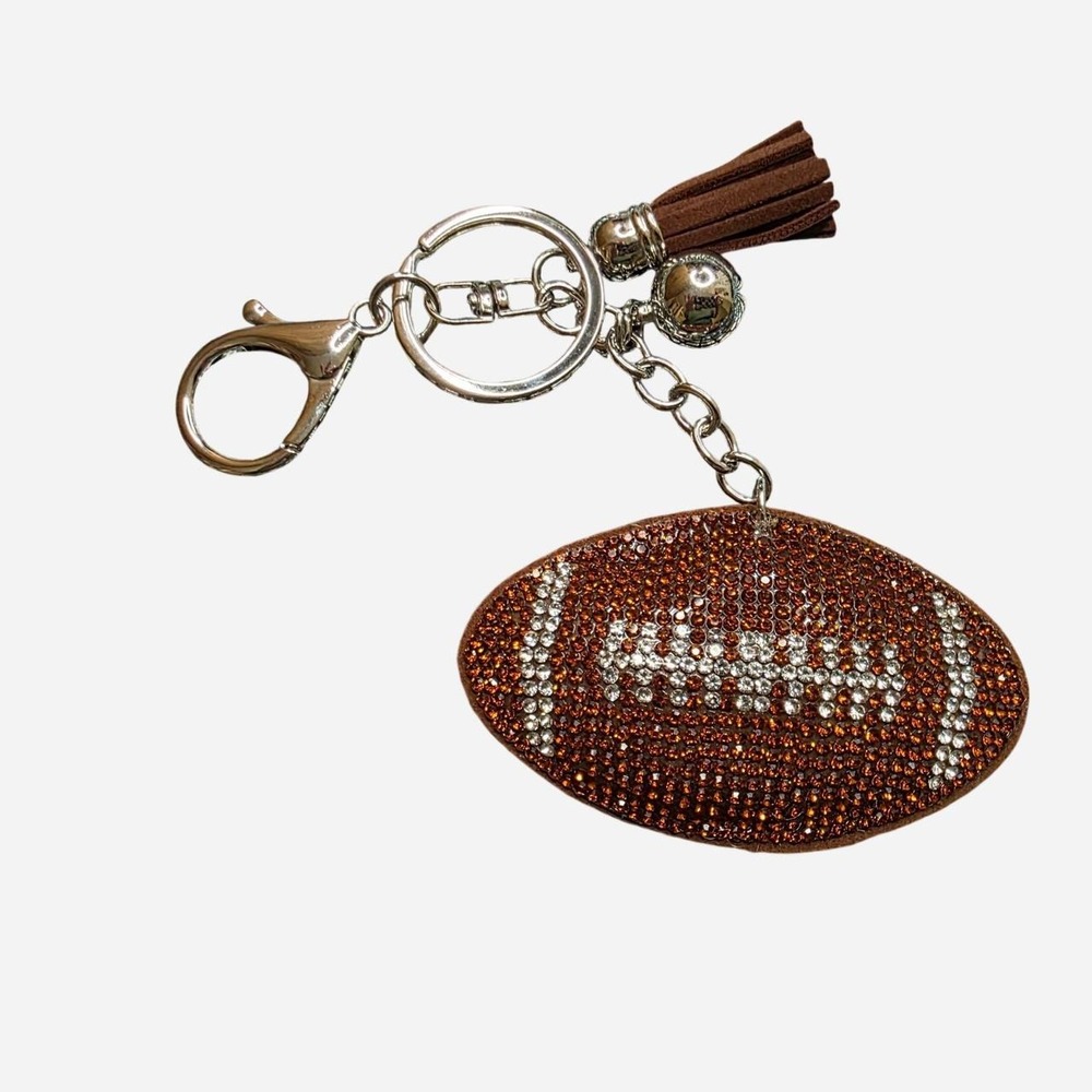 Brown football keychain with silver rhinestones